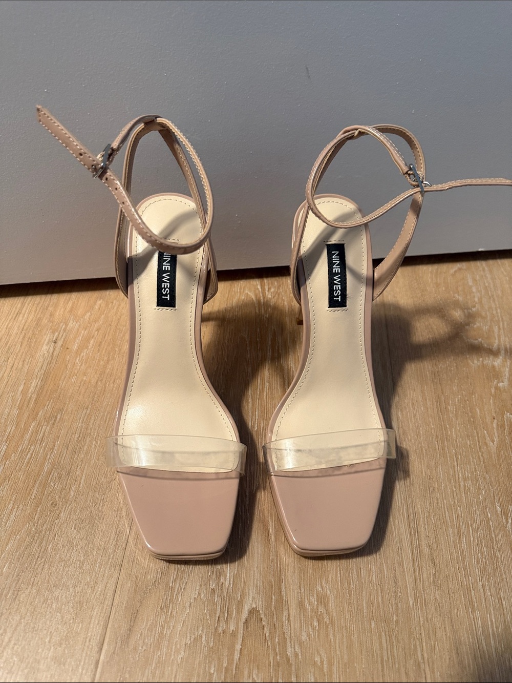 Nine West Blush Patent Ankle-Strap Heels with Clear Toe Band